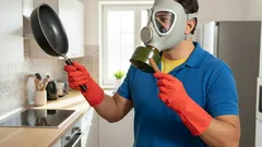 Muž v plynovej maske a gumených rukaviciach drží panvicu v kuchyni