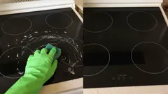 Čistenie sklokeramickej varnej dosky, pred a po umytí, ruka v zelenej rukavici