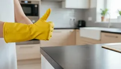 Žlté gumové rukavice na ruke s palcom hore v čistej modernej kuchyni