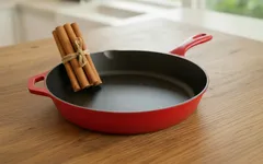 Červená liatinová panvica s viazanou škoricou na drevenom stole v kuchyni.