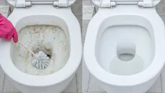 Pred a po čistení toalety - špinavá a čistá misa vedľa seba, účinné výsledky upratovania.